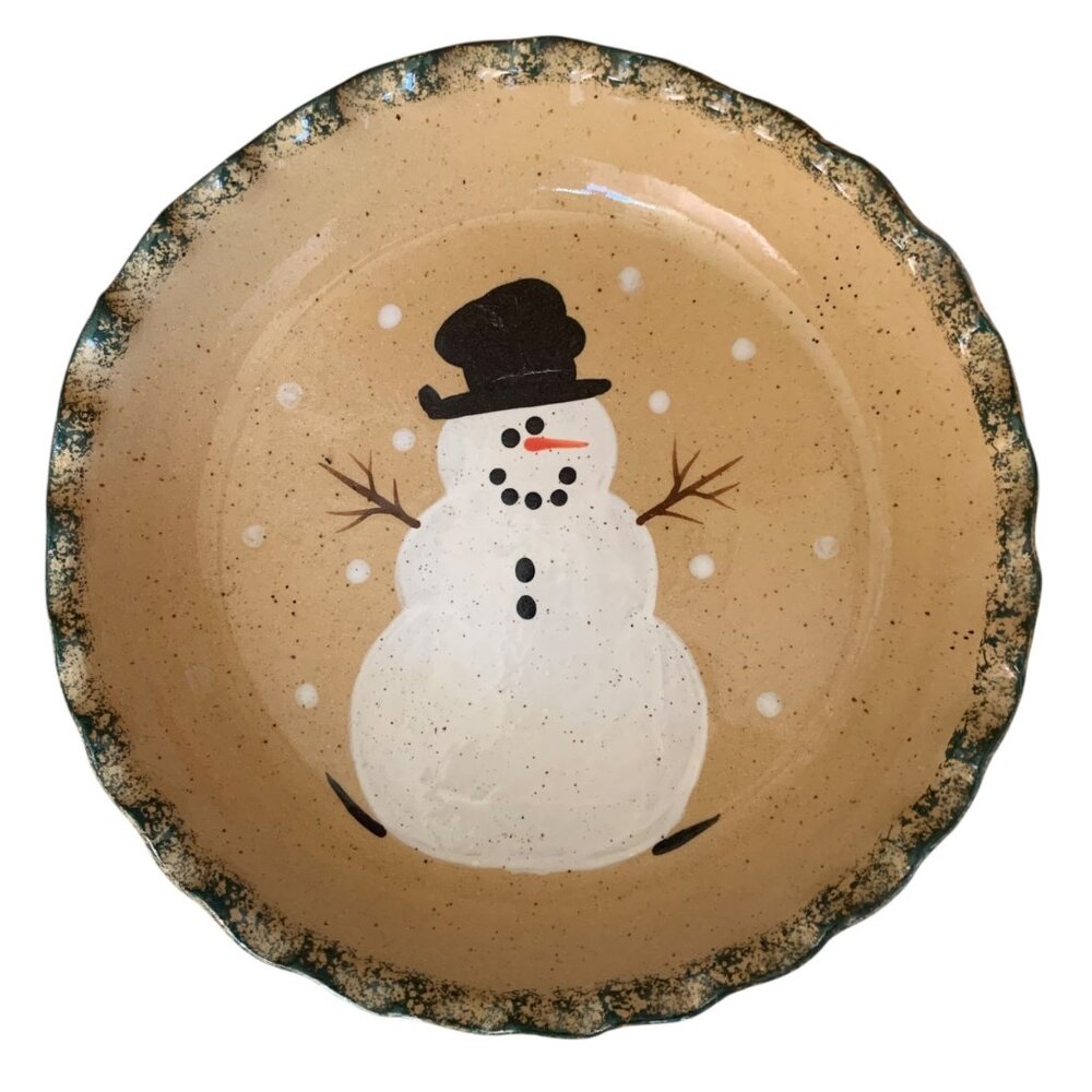 Three Rivers Pottery Pie Dish Snowman‎ Scalloped Edges Speckled Beige Green 10"
